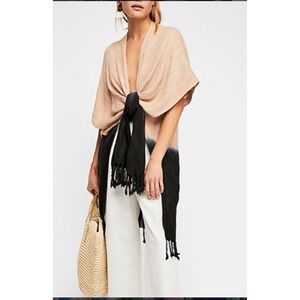 Elizabeth Gillett Dip-Dye Kimono Wrap Navy BLK Cream Fringe Poncho One Size x123